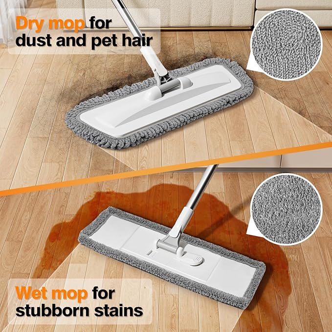 Microfiber Dust Mop,Flat Floor Mops with 4 Washable Pads and Squeegee Broom Set for Wet & Dry Floor Cleaning - 360° Rotating Adjustable Handle Sweeper Mop for Hardwood Floors,Laminate,Tile,Vinyl