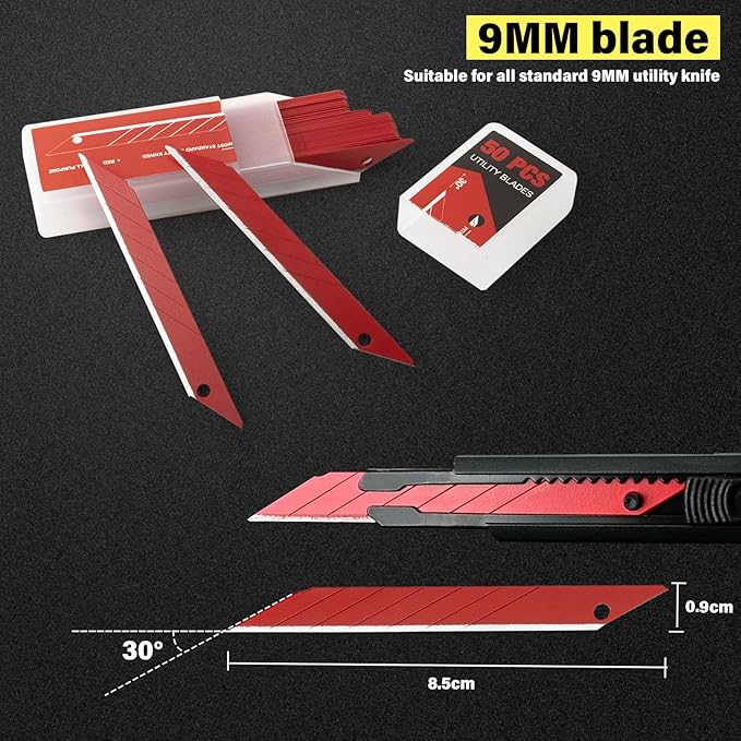 Gomake 9mm Utility Knife Replacement Blades,30 Degree Snap Off Carbon Steel Knife Blades for Retractable Cutting Knives, Hobby, Craft, Box Cutter 100PCS (Red)