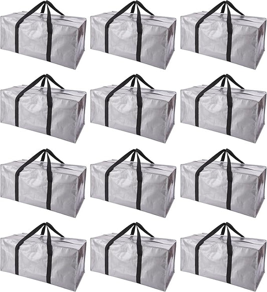 Extra Large Moving Bags with Zippers & Carrying Handles, Heavy-Duty Storage Tote for Space Saving Moving Storage, Fold Flat, Alternative to Box and Bin - 12 Pack, Silver