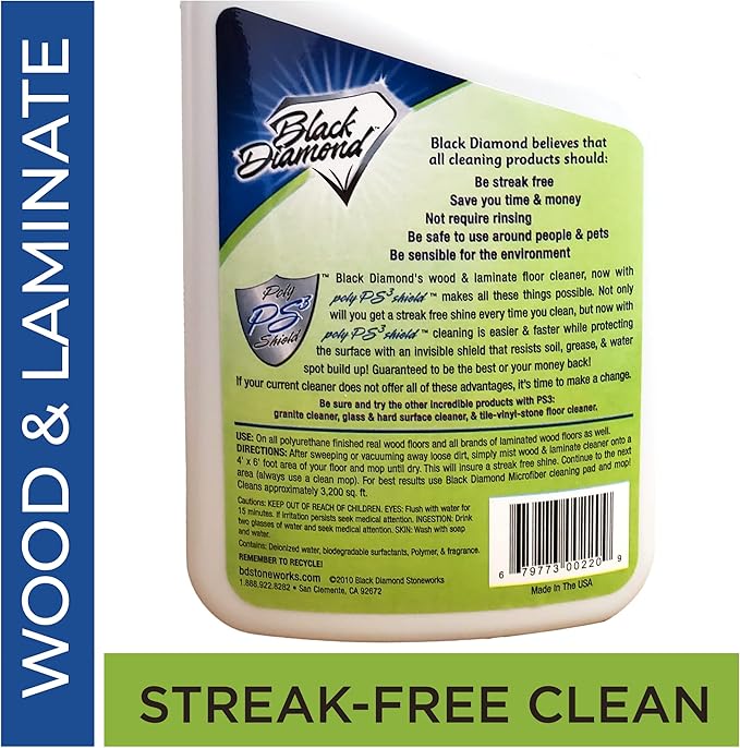 Black Diamond Laminate Floor Cleaner and Hardwood Floor Cleaner Spray - Versatile Solution Safe for Vinyl Floors, Wood Floors, and Engineered Hardwood Floors - 1-Quart.