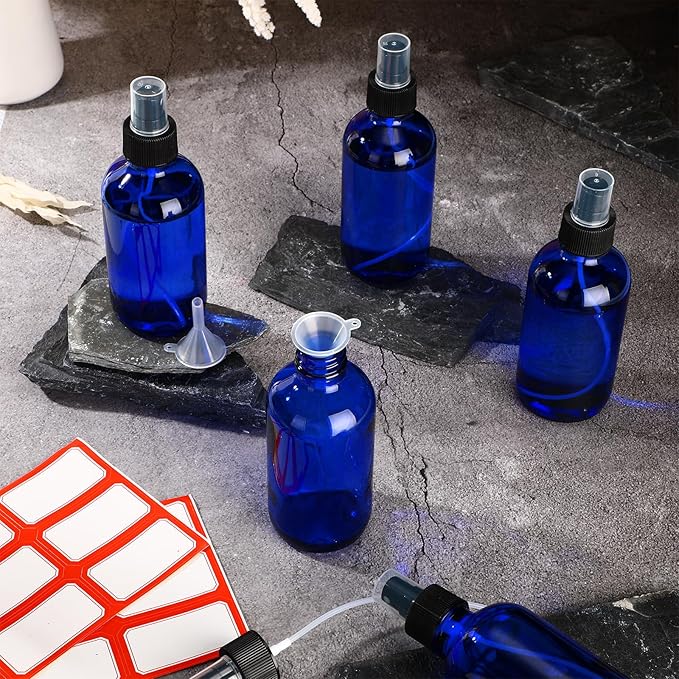 Norme 12 Pcs 8 oz Glass Spray Bottles with Funnels and Labels Refillable Cosmetic Empty Spray Bottles with Sprayer Containers for Essential Oil Cleaning Solutions(Blue,Stylish)