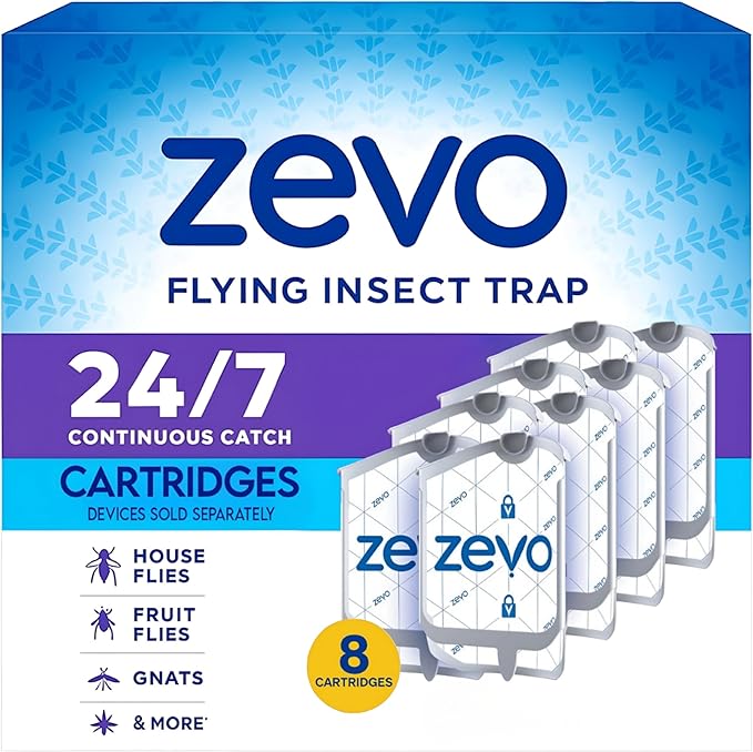 Zevo Flying Insect Trap Refill Cartridges | Long-Lasting Indoor Protection | Fits All Zevo Plug-in Traps | Attracts & Traps Gnats, Fruit Flies & Mosquitoes (8 Refill Cartridges)