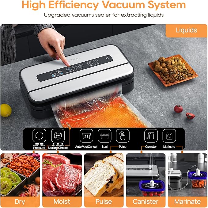 Vacuum Sealer Machine, 90Kpa Food Vacuum Sealer Machine Preservation Dry/Moist/Liquid Modes, LED Indicator Light, Handle Locked Design, Built-in Cutter and Bag Storage, Starter Kit
