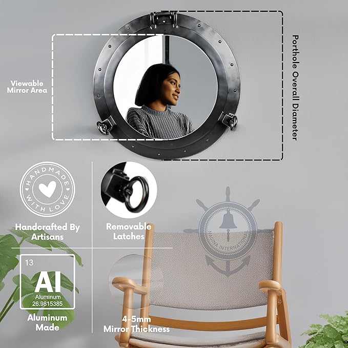 Nagina International Premium Matte Black Nautical Porthole Wall Mounted Mirrors | Maritime Ship's Decor Window