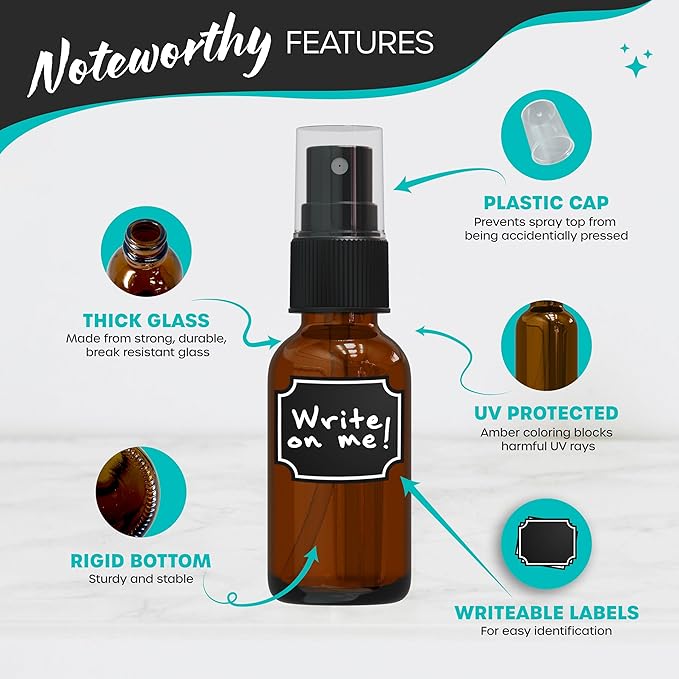 Nevlers 1oz Amber Glass Spray Bottles for Essential Oils 48 Pack | Ultra Fine Mist Spray Bottle for Face, Hair & Body | Travel Perfume Atomizer Set with Shrink Wrap, Labels, Marker, Funnel & Brush