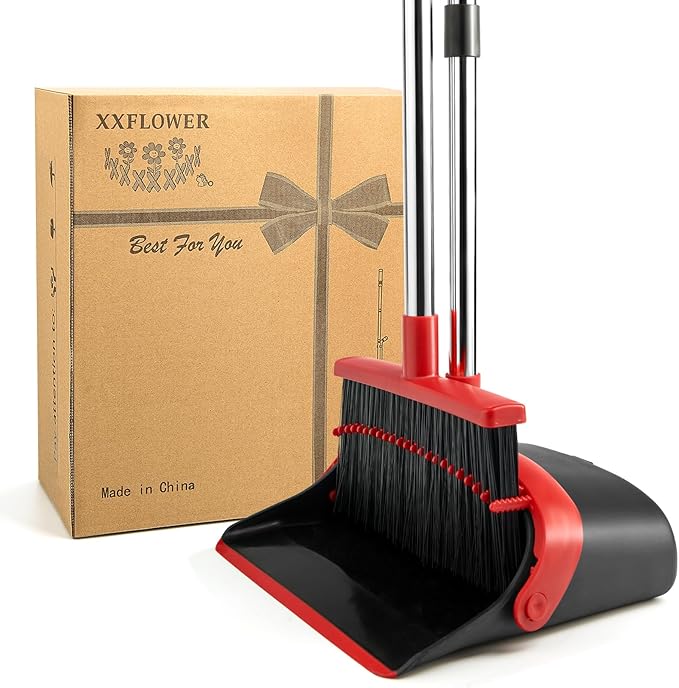XXFLOWER Broom and Dustpan Set for Home, Broom with Dustpan Cleaning Teeth Combo Set, Indoor Sweep Broom with Long Handle for Office Home Kitchen Lobby Floor (Black Red)
