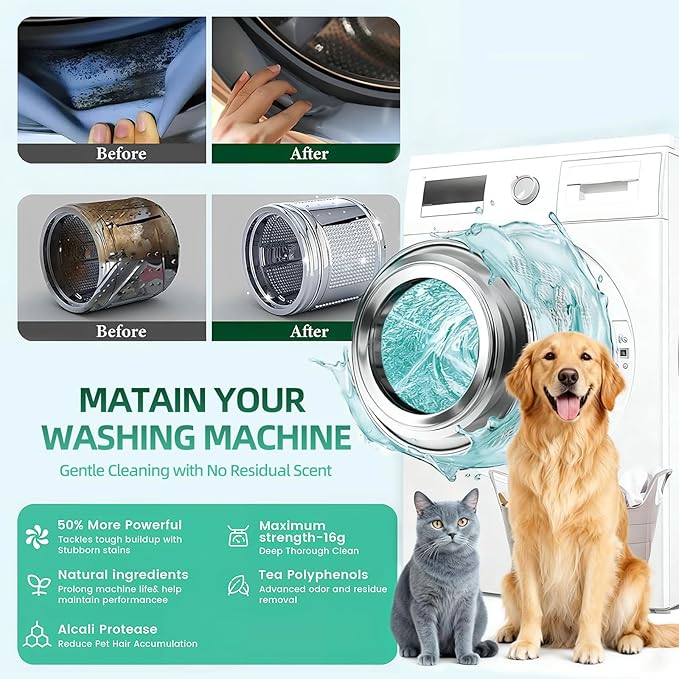 SOPAMI Washing Machine Cleaner Tablets 12 Pack, Deep Clean HE Front Load Top Load Washer, Remove Stubborn Pet Hair Odors, Septic Safe Pet Owner Solution
