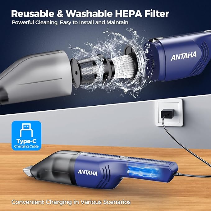 Antaha Handheld Vacuum Cordless -Car Vacuum Portable Cordless Cleaner Powerful Suction,1.2lbs Lightweight, Type-C Charge, Multiple Accessories, Portable Hand Vacuum for Home, Pet and Car