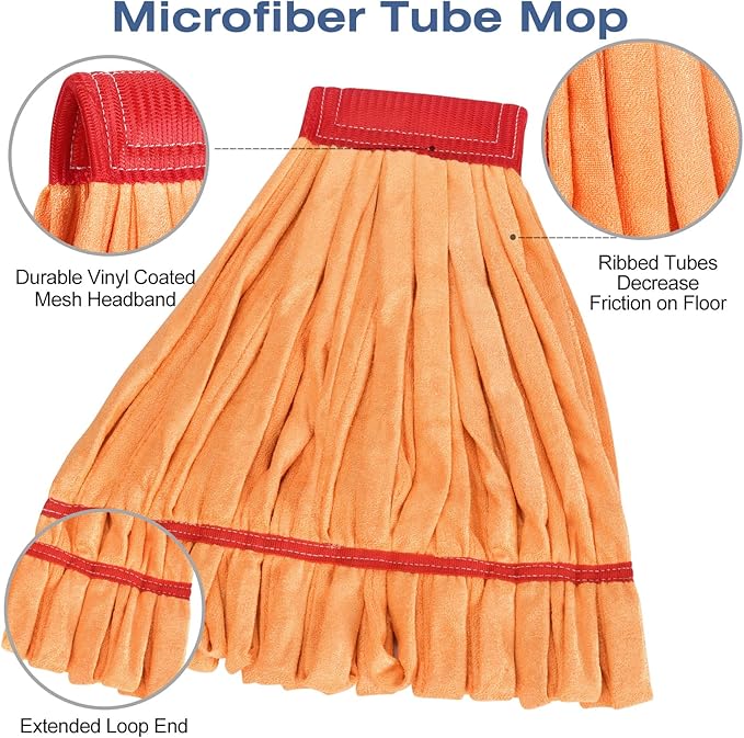 Matthew Cleaning Microfiber Tube Mop(Meduim,Orange,12Pack) Heavy Duty Mop Head Replacement,Excellent Absorbency,Premium launderability,Reusable,Loop end for Home,Commercial and Industrial Use