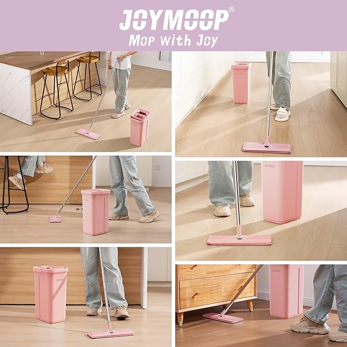 JOYMOOP Pink Mop and Bucket with Wringer Set for Home, with 3 Reusable Microfiber Mop Pads, Hands-Free Self-Cleaning System, Suitable for Floor Cleaning and Wall Cleaner