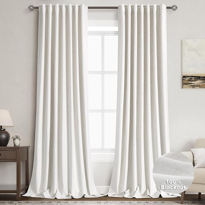 Linen Blackout 120 Inch Curtains for Living Room 2 Panels Set Cream Ivory Back Tab Textured Linen Drapes Farmhouse Thermal Insulated Long Curtains 120 Inches Long High Ceiling to Floor 10 Ft