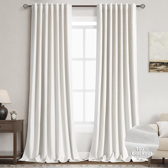 Nanspring Ivory Linen Blackout Curtains 96 Inches Long 2 Panel Set for Living Room Back Tab Pinch Pleated Blackout Curtain Drapes Boho Farmhouse Neutral Cream Bedroom Black Out Curtains 96 Inch Long