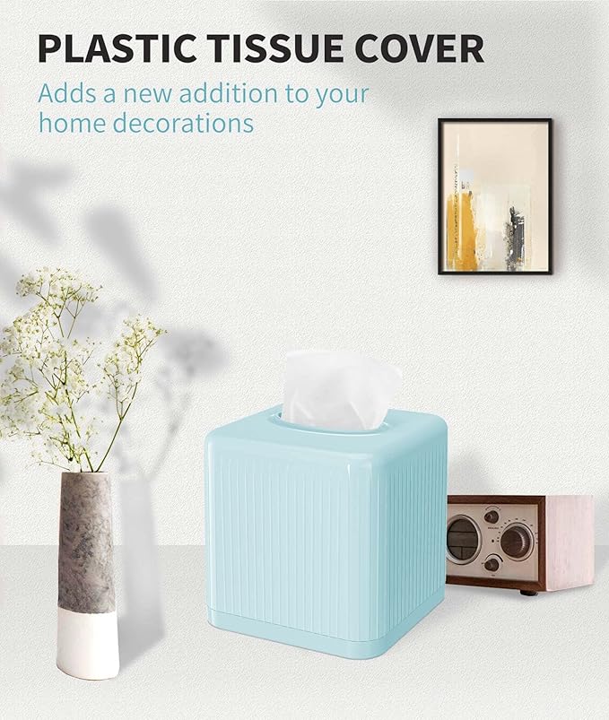 Livelab Tissue Box Cover and Holder - Square Plastic Decorative Tissue Dispenser - Modern Cube Style - For Bathroom, Living Room, Office - Blue