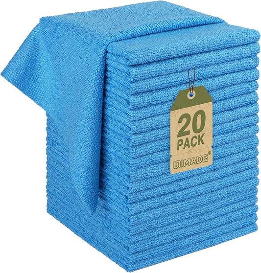 UNIMADE Microfiber Cleaning Cloth, 20 Pack Reusable Microfiber Towels for Cars Lint Free Cleaning Shop Towel Rags for Home Kitchen Automotive Bar Mechanic Restaurant Garage, 11.5"x 11.5", Blue