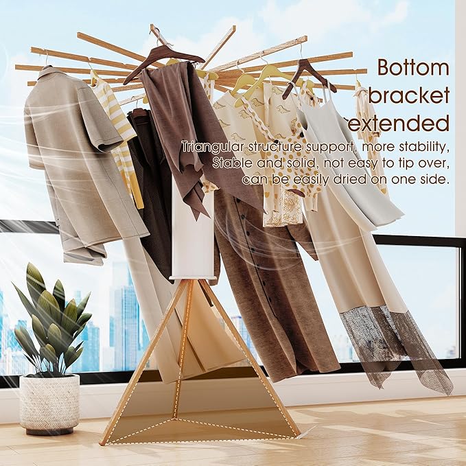 Tripod Clothes Drying Rack Foldable,Floor Standing Drying Rack Clothing,(16 Wood Poles),Laundry Drying Rack,Clothes Hanger Rack,Laundry Rack Folding,Collapsible,Retractable