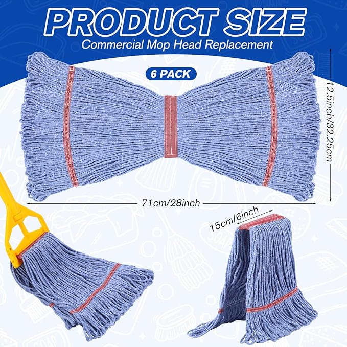 Eccliy 6 Pack Heavy Loop End Cotton String Mop Head Heavy Duty Mop Head Commercial Refills Replacement Bulk for Home Industrial Commercial Floor Cleaning (Blue,Red)