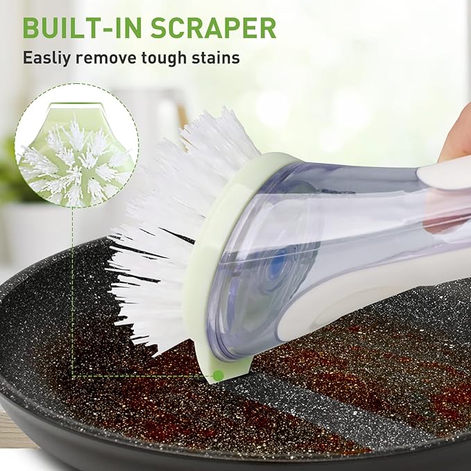 Soap Dispensing Dish Brush with 2 PCS Brush Refills, Dish Scrub Brush with Soap Dispenser, Dish Soap Brush for Dishes, Pans, Sink, Pots