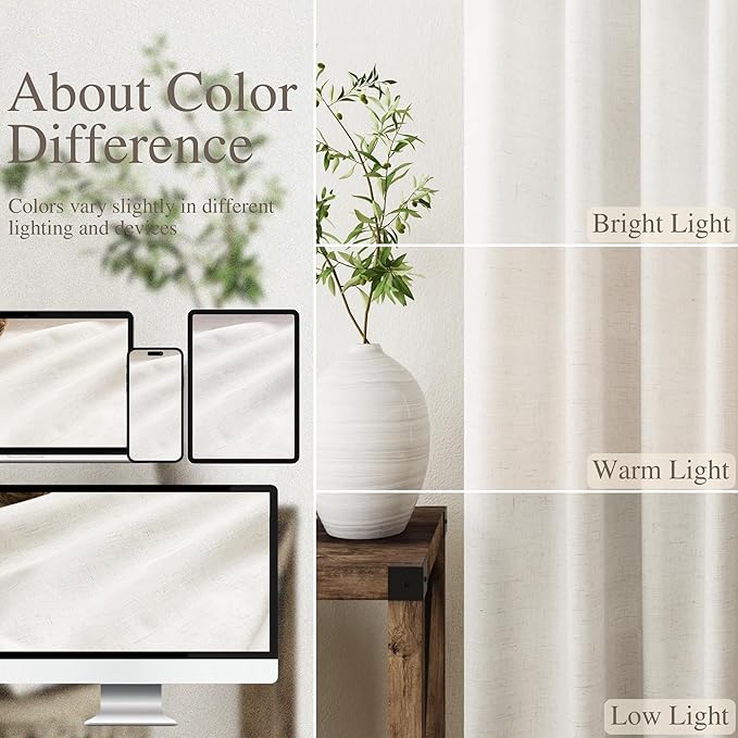 Full Black Out Beige White Window Curtains 84 Inches Long Back Tab Rod Pocket Thermal Insulated Flax Linen Sound Proof Full Blackout 2 Panels Set for Nursery Modern Farmhouse Curtains Drapes 52x84