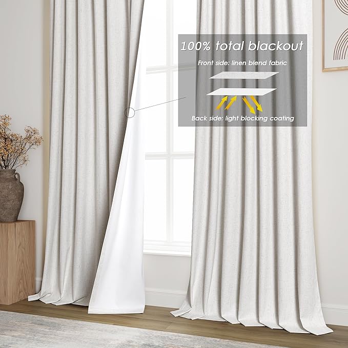 100% Blackout Linen Curtains 102 Inches Long 2 Panels for Bedroom Back Tab Pinch Pleated Black Out Curtain Neutral Cream Noise Cancelling Light Blocking Window Curtains 102 Inch Length,Ivory