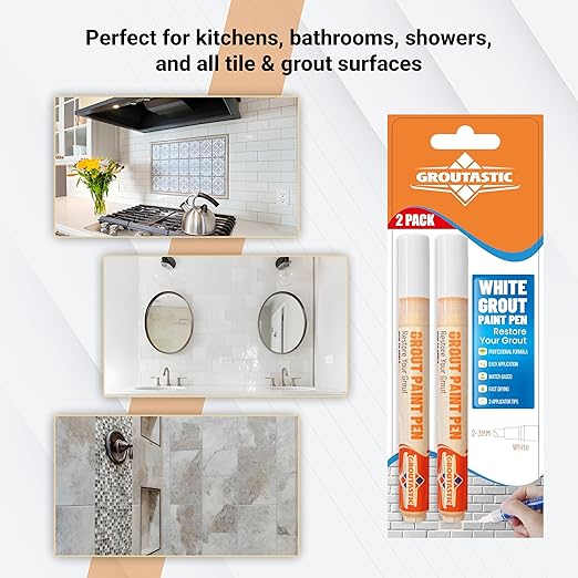 White Grout Paint Pen – Tile Grout Colorant & Sealer Marker, Quick-Dry, Ideal for Bathroom, Shower, Kitchen Tiles – Restores Grout Lines,3 Adjustable Tips (2-3 mm) 2 Pack