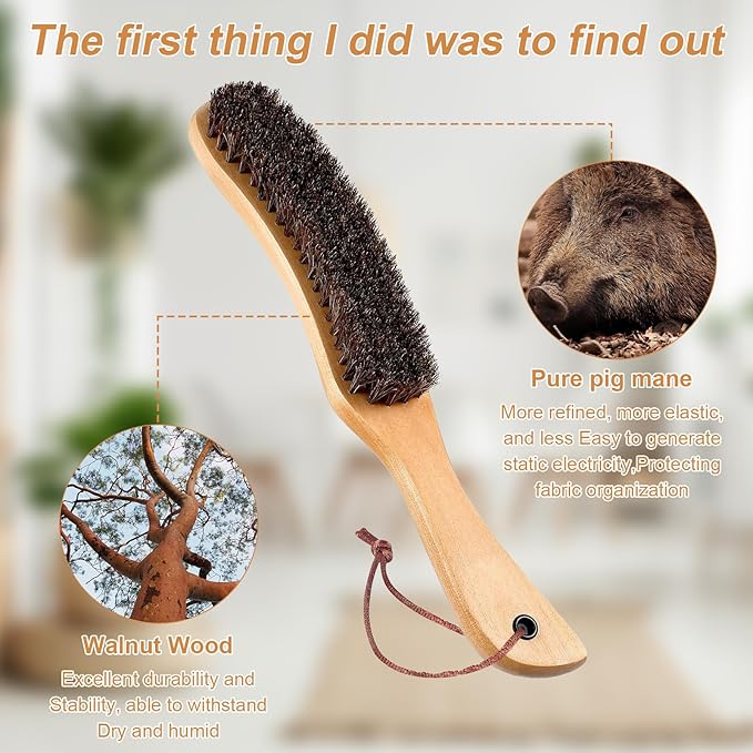 Shoes Brush Clothes Hat Brush lint Remover,Large Black Walnut Wood Handle,Boar Bristle Lint Brush for Suits, Cashmere, Wool, Velvet, Suede and Pet Hair,Easily Removes Lint Dust, Fuzz 2PCS