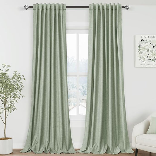 Light Sage Linen Blackout Curtains 108 Inches Long 2 Panel Set for Living Room Back Tab Pocket Drapes Cotton Textured Room Darkening Light Blocking Curtain for Bedroom Cottage High Window 52x108
