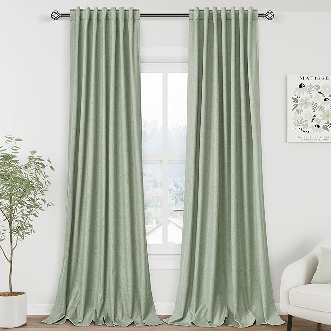 Blackout Light Sage Linen Curtains 96 Inches Long Back Tab Heat Reflective Full Light Block Out Curtain 2 Panels for Bedroom Window Textured Long Draperies with Liner Floor to Ceiling Length 52x96