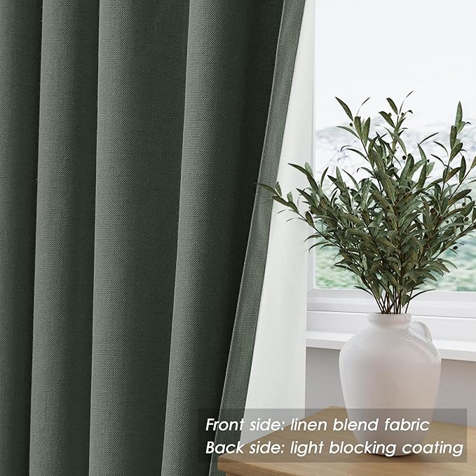 Olive Green Linen Blackout Curtains 120 Inch Length 2 Panels Set Extra Long 10 Ft Back Tab Pocket Drapes Thermal Insulated Total Blocking Curtains for Dining Room Cottage High Window Curtain 52x120
