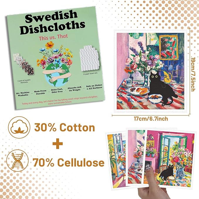 Black Cat Swedish Cloths - 6PCS Oil Painting Black Cat Swedish Dishcloths for Kitchen, Kitten Reusable Dish Towels for Washing Dishes, Washable Cleaning Sponge Gifts Quick Drying