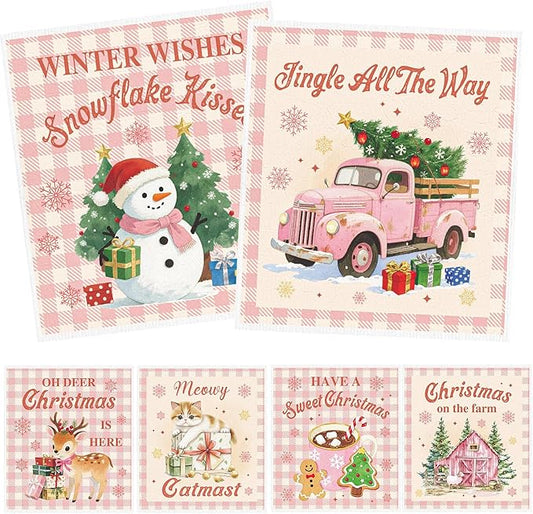 Pink Christmas Swedish Dishcloths for Kitchen, 6 Pack Snowman Truck Reusable Dish Paper Towels Housewarming Gifts, Xmas Absorbent Dish Rags for Home Cleaning