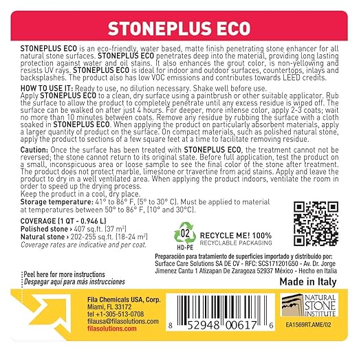 FILA Surface Care Solutions, STONEPLUS ECO, Stone Sealer and Color Enhancer, Water Based Paver Sealer, Ideal for All Natural Stone Like Travertine, Granite and Slate; Outdoor Enhancing Sealer, 1Qt