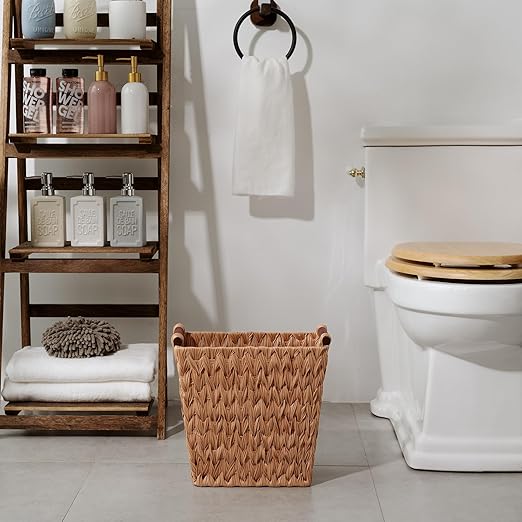 GRANNY SAYS Bathroom Wastebasket, Caramel Orange Woven Trash Can with Handles, Waterproof Wicker Waste Basket for Office, 1-Pack, 13" x 7 ½" x 12 ½"