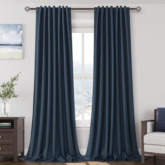 Vintage Blue Linen Blackout Curtains 120 Inch Length 2 Panels Set Burg Extra Long 10 Ft Back Tab Pocket Drapes Cotton Textured Total Sun Blocking Curtains for Living Room Cottage High Window 52x120