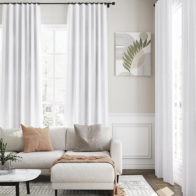 Full Blackout Linen White Curtains 90 Inches Long for Living Room, Patio Sliding Door Back Tab 100% Black Out Bedroom Curtains Pure White Boho Elegant Modern Cosatal Window Curtain Panels Set of 2