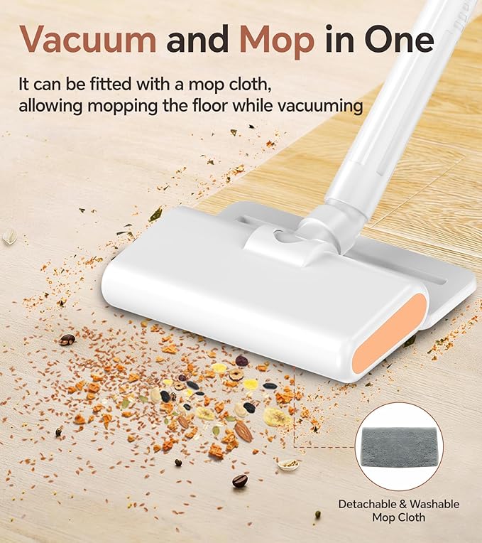 AbuDodo Cordless Vacuum Cleaner, Stick Vacuum Cordless Rechargeable with Powerful Suction and LED Display, Portable Vacuum Cleaners for Home, Wireless Vacuum for Hardwood Floor Carpet Pet Hair, White