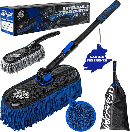 Flash Dog Car Duster Exterior & Interior Duster Aluminum Alloy Extendable Handle and Wax Cotton Strands Scratch-Free Cleaning for Cars, SUVs, RVs | Waterless Dust & Pollen Remover