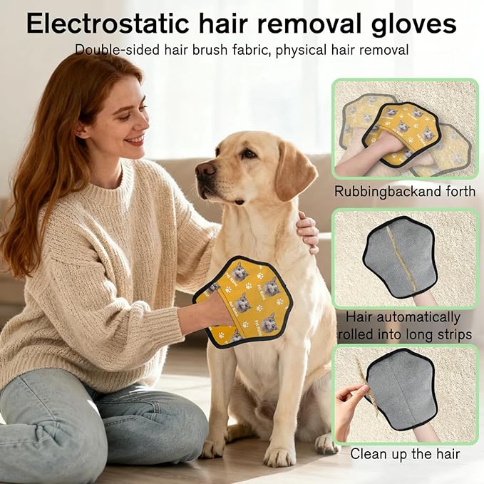 Personalized Pet Hair Remover Glove for Dogs & Cats - Custom Photo & Name Magic Brush for Dog Cat Hair Removal, Reusable Electrostatic Pet Hair Gloves for Furniture Carpet Couch, Face Paw Orange