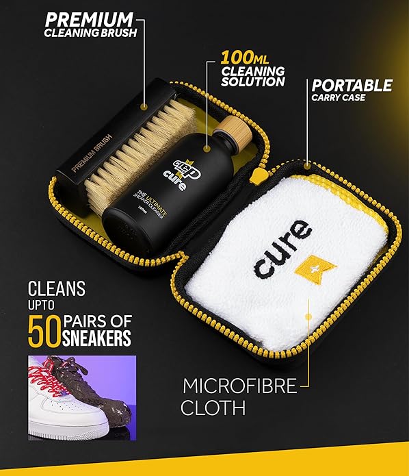 Crep Protect Shoe Cleaner Kit - Cure Premium Sneaker Cleaning Travel Kit with 3.5oz Solution, Premium Brush, and Microfiber Cloth