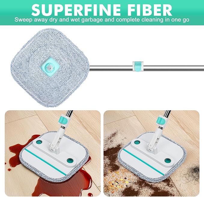 Upgraded Spin Mop and Bucket System Set, Self Separate Clean and Dirty Water, Foldable Square Standing Mop Head with Microfiber Mop Pads, Detachable Bucket (White+Blue, Mop Set with 2PC Pads)