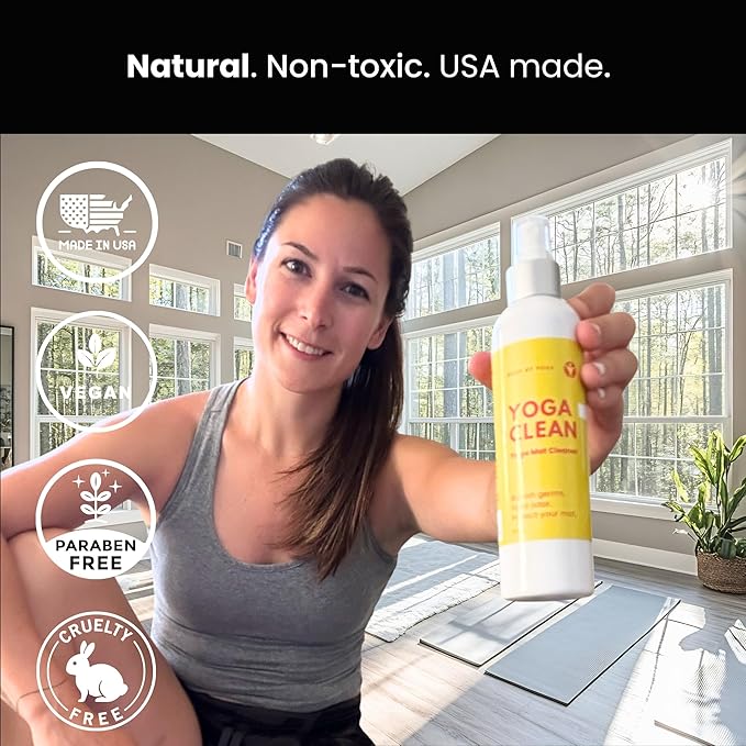 Yoga Clean - Premium Yoga Mat Cleaner Spray, Natural Plant-Based Deodorizer with Essential Oils | Refreshing Aromatherapy Scent | 8 oz Safe for Cork, Rubber & All Fabrics, Made in the USA