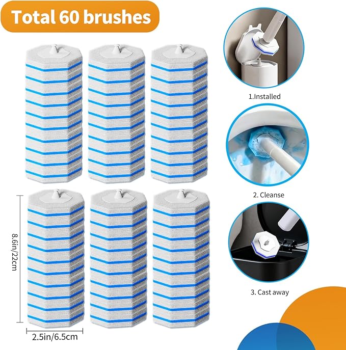 60pcs Disposable Toilet Brush Refill Pads, Replacement Brush Heads, Toilet Cleaner Refills，Disposable Wand Heads，Bathroom Cleaning，Toilet Cleaning Scrubbers Compatible with Most Toilet Brushes