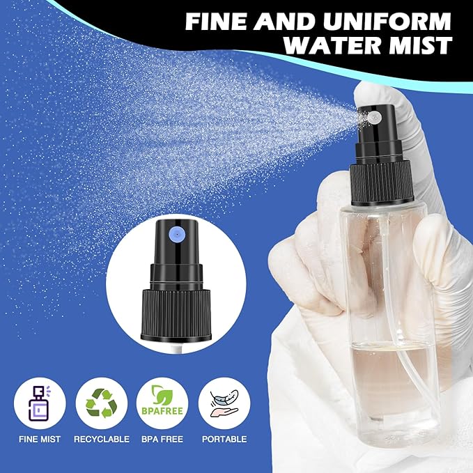5 Pack 2oz/55ml Plastic Spray Bottles Mini Travel Spray Bottle with Black Cap Empty Fine Mist Spray Bottles Refillable Liquid Container for Perfumes Travel Makeup