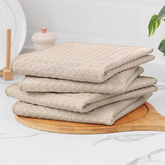 Homaxy Microfiber Waffle Weave Kitchen Towels, 16 x 28 Inch Ultra Absorbent and Solid Color Dish Towels, 4 Pack, Beige