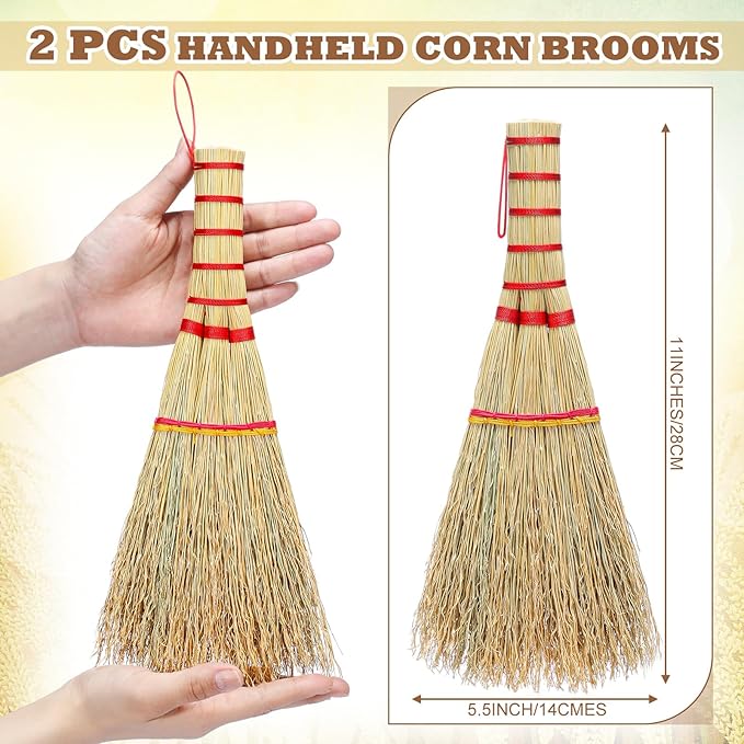 Suclain 2 Pcs Small Corn Whisk Brush Broom 100% Handmade 12 Inch Handheld Brush Whisks Natural Corn Short of Asian Whisk Broom with Nylon Thread Handle for Household Sweeping Indoor Outdoor(Style A)