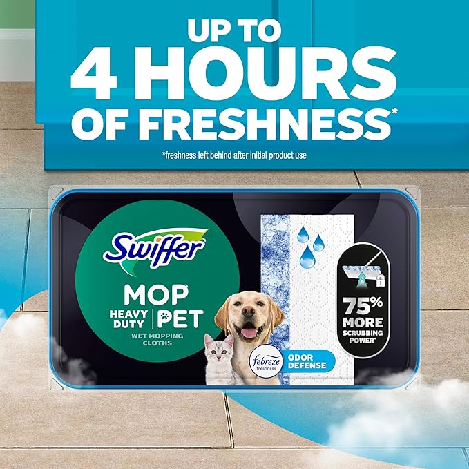 Swiffer Sweeper Pet Heavy Duty Multi-Surface Wet Cloth Refills for Floor Mopping and Cleaning, Fresh scent, 16 count, Pack of 2