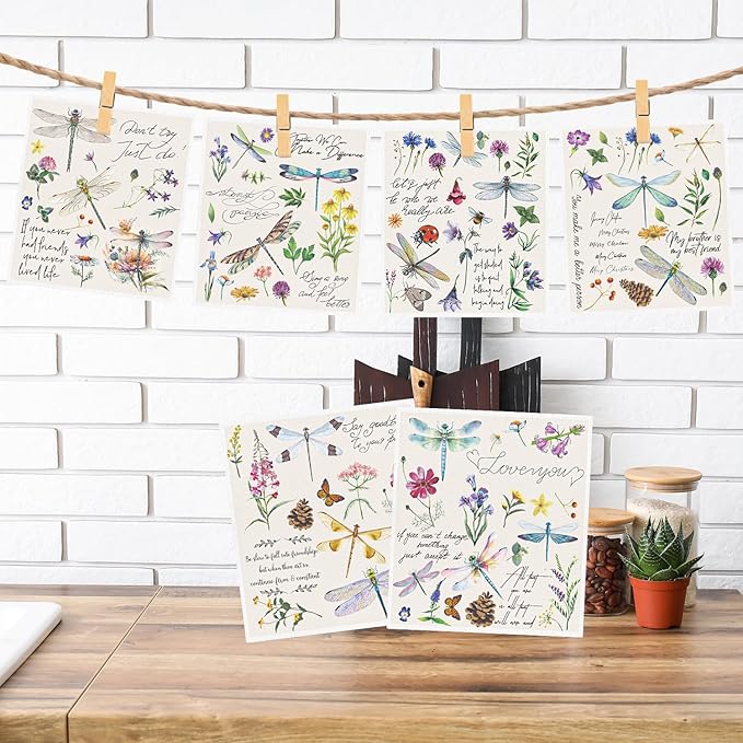 Dragonfly Swedish Dishcloths for Kitchen, 6 Pack Vintage Wildflower Reusable Paper Hand Dishing Towels Housewarming Gifts, Absorbent Dish Rags Decoration for Home Cooking Cleaning