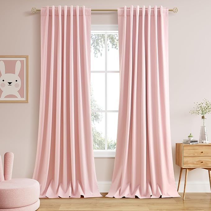 Full Black Out Pink Window Curtains Panels 102 Inches Long 2 Panels Set for Living Room Cotton Textured Long Blackout Curtain with Backing Thermal Insulated Drapes for Nursery Bedroom 52x102