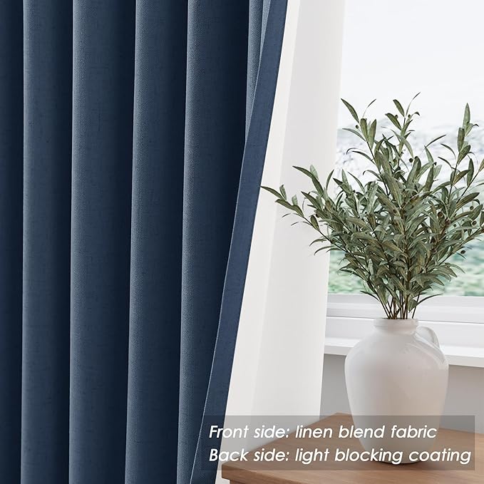 Nanspring Denim Blue Linen Blackout Curtains 96 Inches Long Loop Pocket Rod Pocket Flax Linen Noise Reducing Full Shading 2 Panels Set for Dining Room Elegant Modern Curtains Drapes 52x96