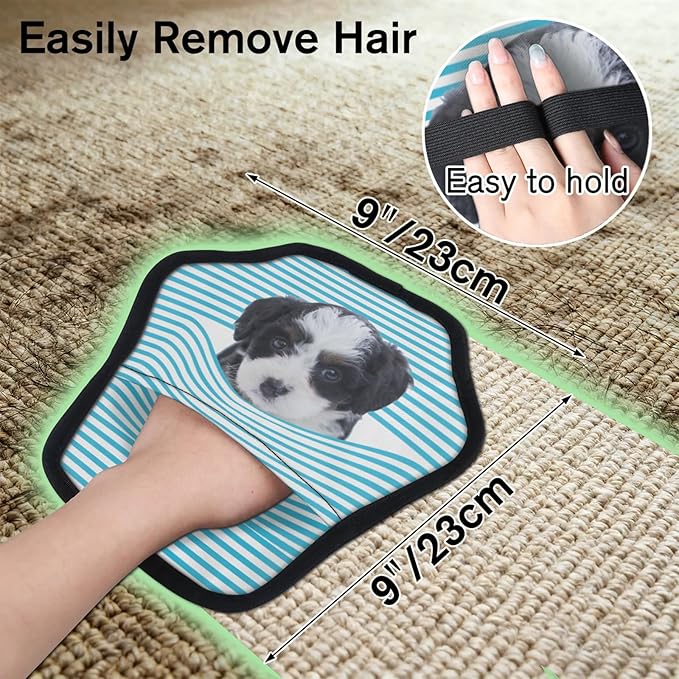 XIOBODR Personalized Pet Hair Remover Glove for Dogs & Cats - Custom Photo & Name Magic Brush for Dog Cat Hair Removal, Reusable Electrostatic Pet Hair Gloves for Furniture Carpet Couch, Cyan Stripe