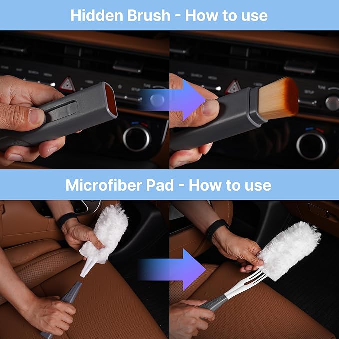 KMMOTORS 2-in-1 Full Circle Car Duster – Soft Microfiber Duster with Hidden Brush, Extendable Handle, 360° Cleaning, 10 Refills & Storage Bag Included. Ideal for Dash & Interior (Main Unit_Gray)